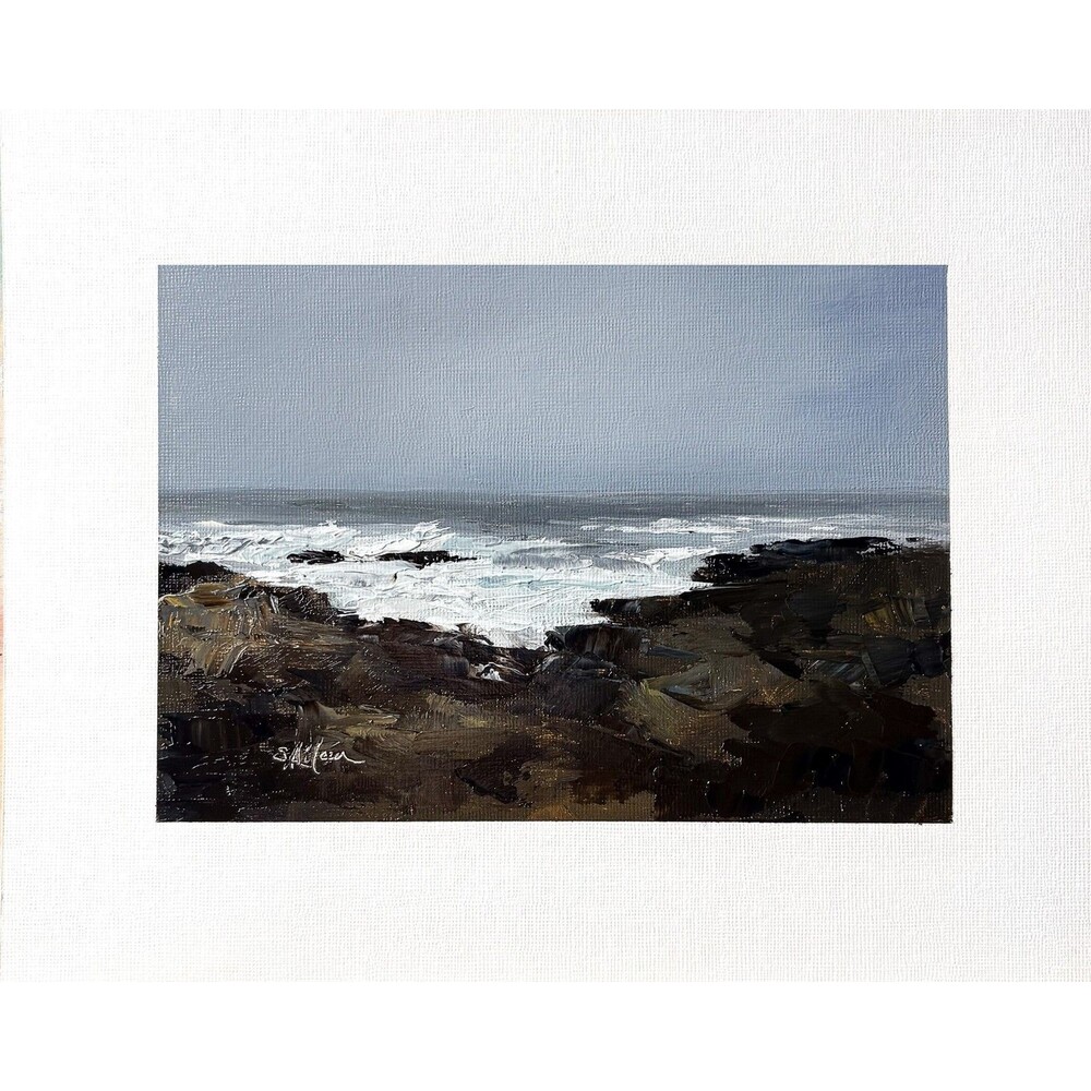 8x10 Maine Original Oil Landscape Painting Rocky Coast Stormy Sky Ocean Signed
